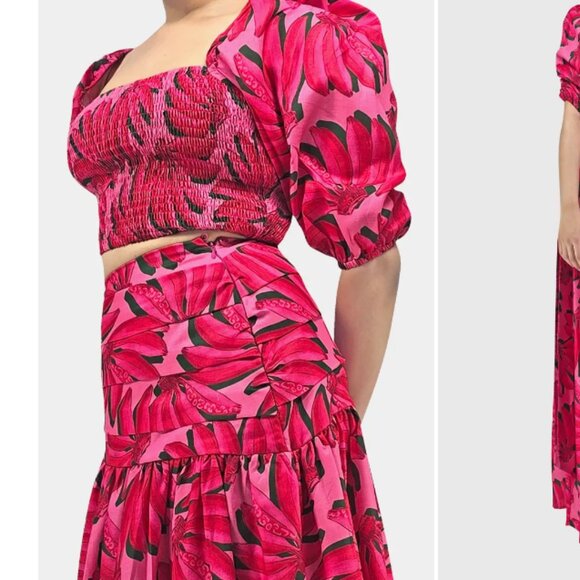 HT360 Top Womens 2XL Fuchsia Cropped Smocked Puff Sleeve Floral 139$ - Picture 1 of 9